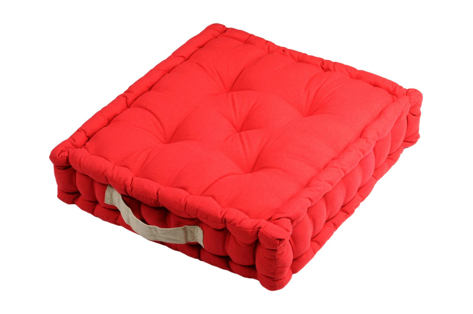 Coussin de sol rouge poignée couleur lin 45x45x10cm 100% coton DUO