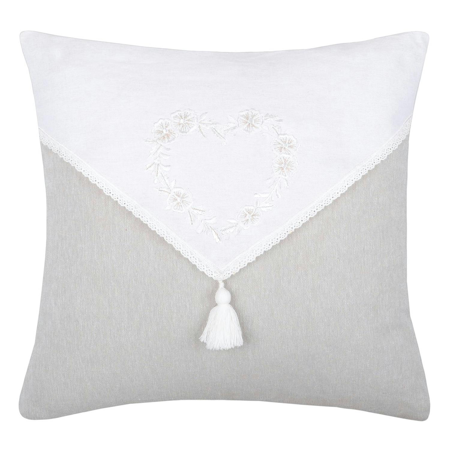 Coussin déco beige et blanc à pompon 40 x 40 cm