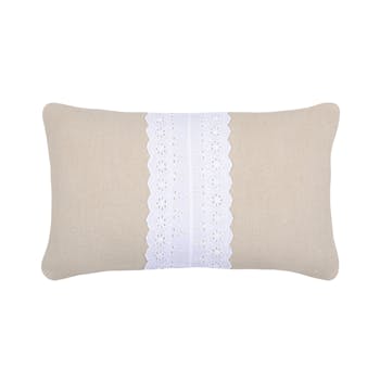 Coussin déco couleur lin et vert avec dentelle blanche 30x50cm MUMMY