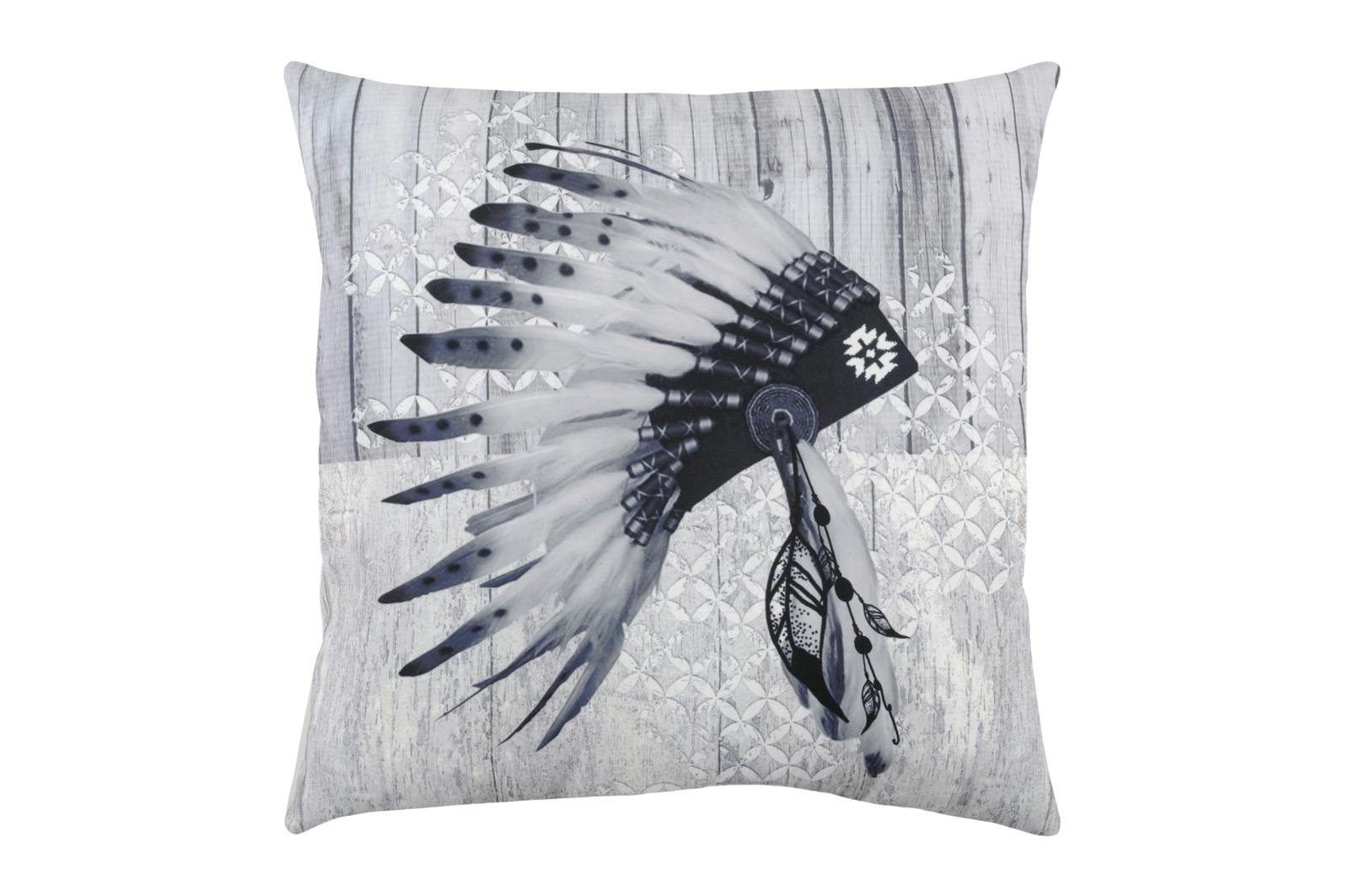 Coussin déco "Couvre-Chef Indien à Plumes" gris 40x40cm VALDAVIA