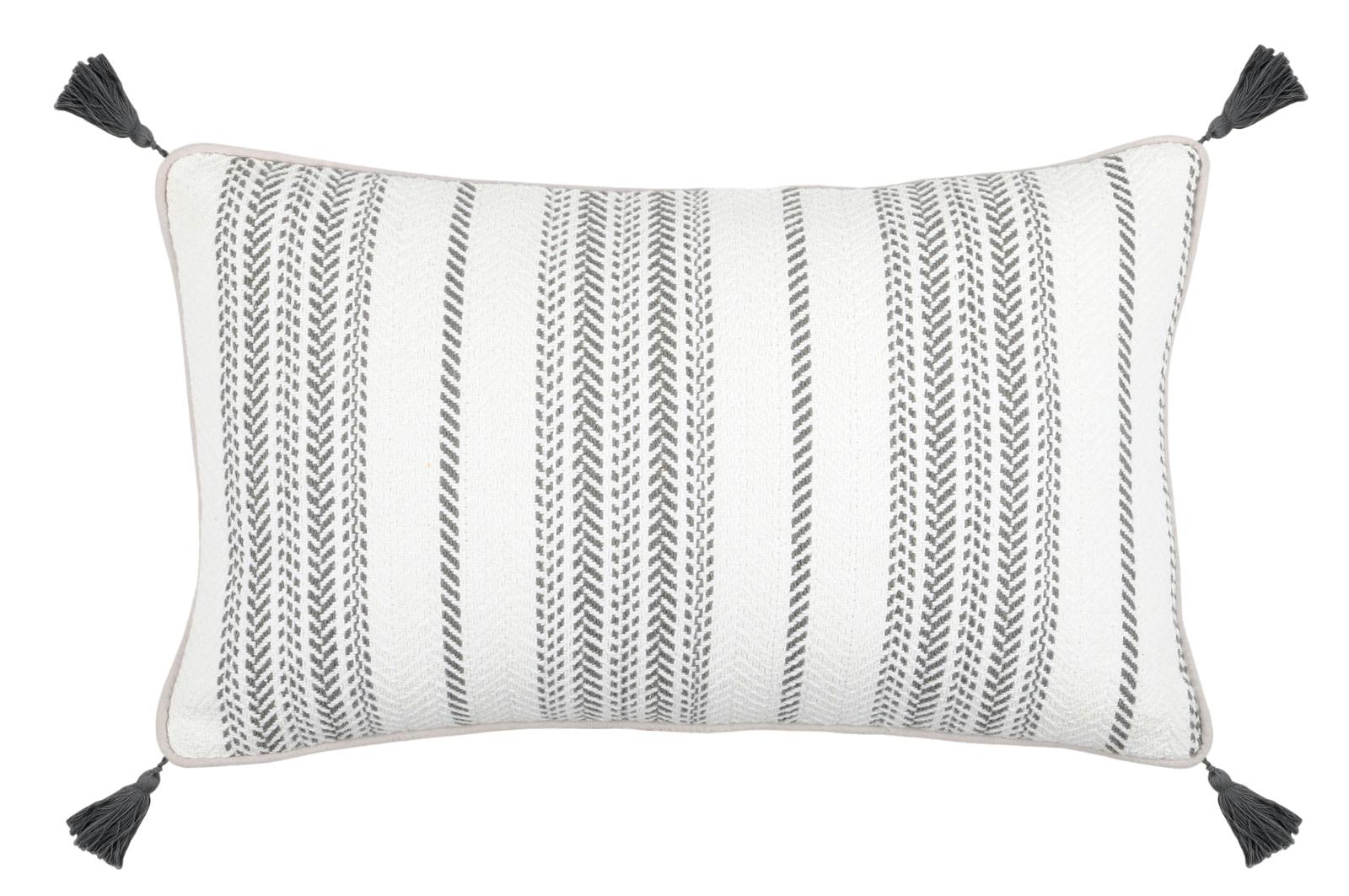 Coussin déco écru à rayures grises et pompons 30x50cm VALDAVIA