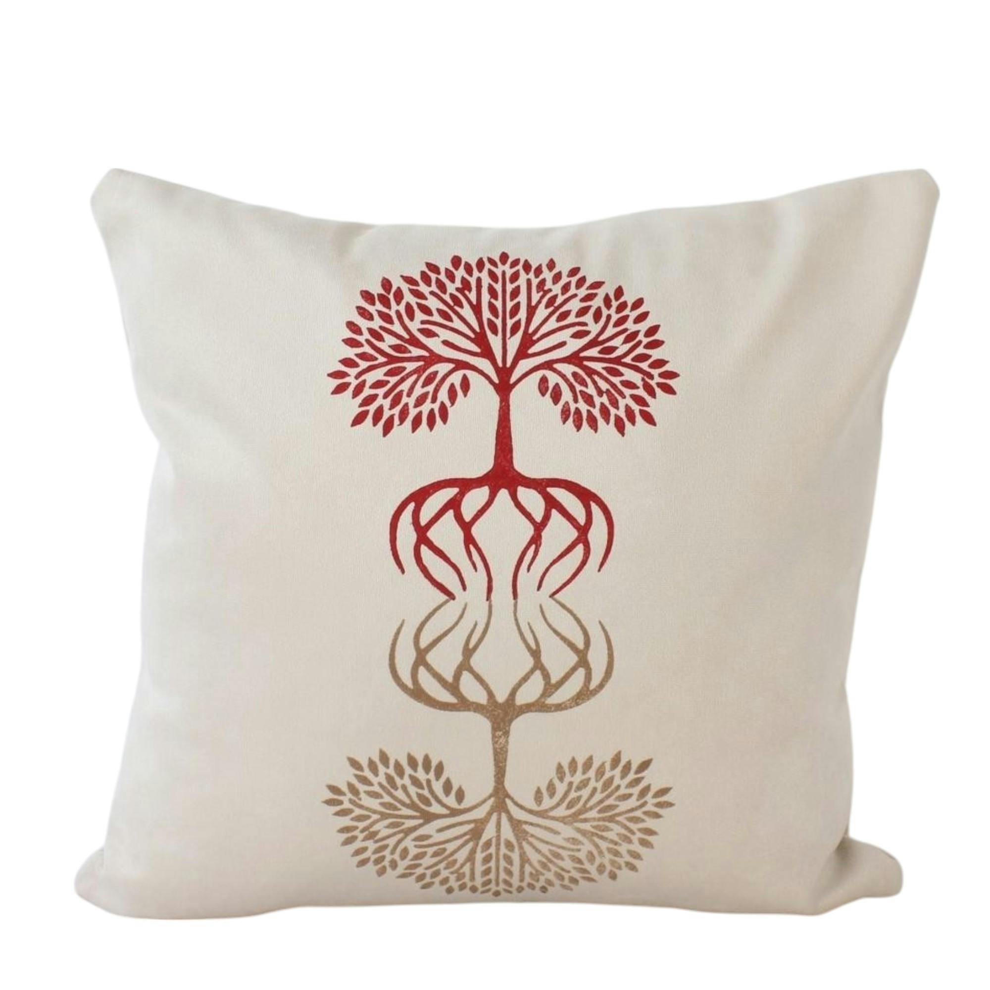Coussin déco écru – arbres de vie rouges et or IZMIR