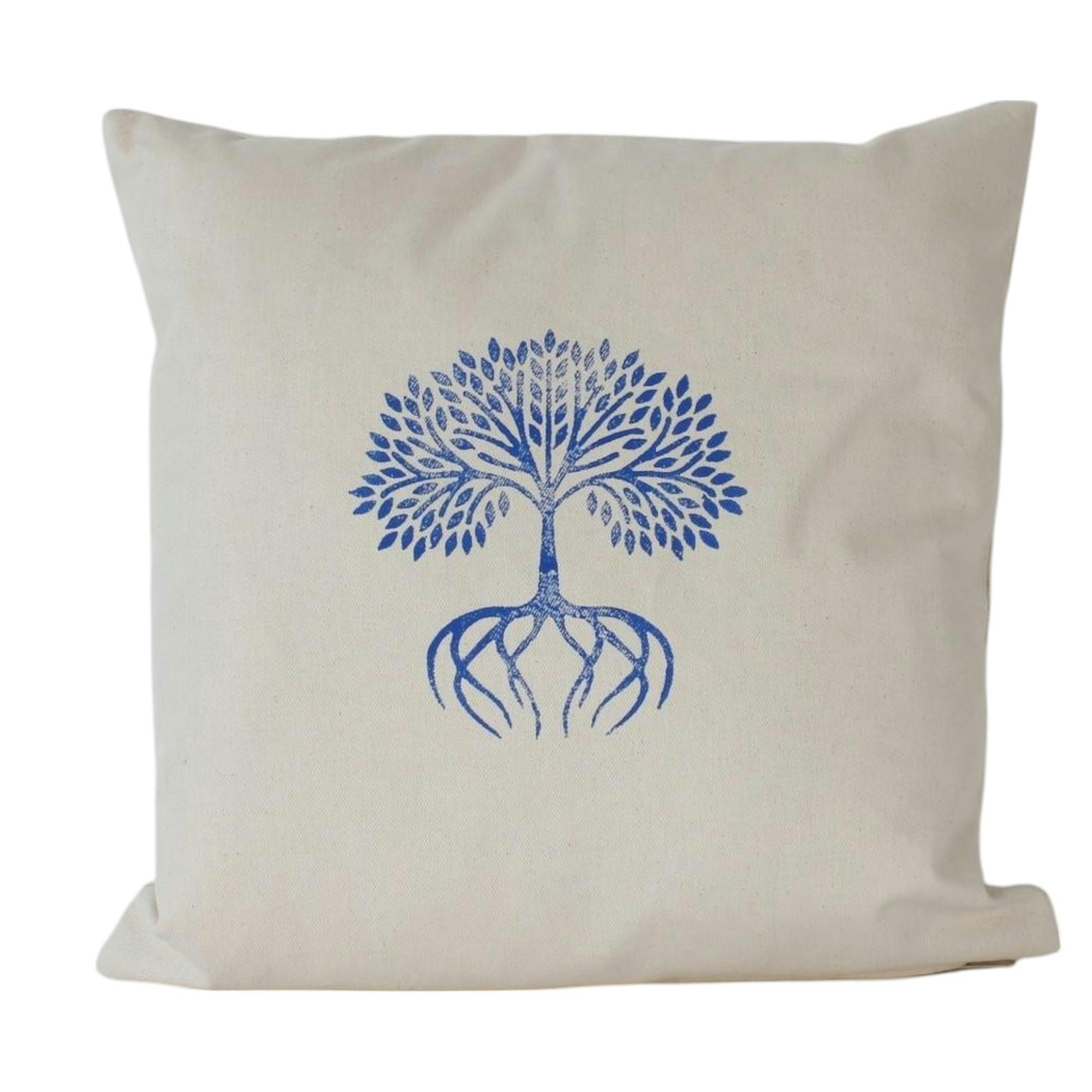 Coussin déco écru – motif arbre de vie bleu IZMIR