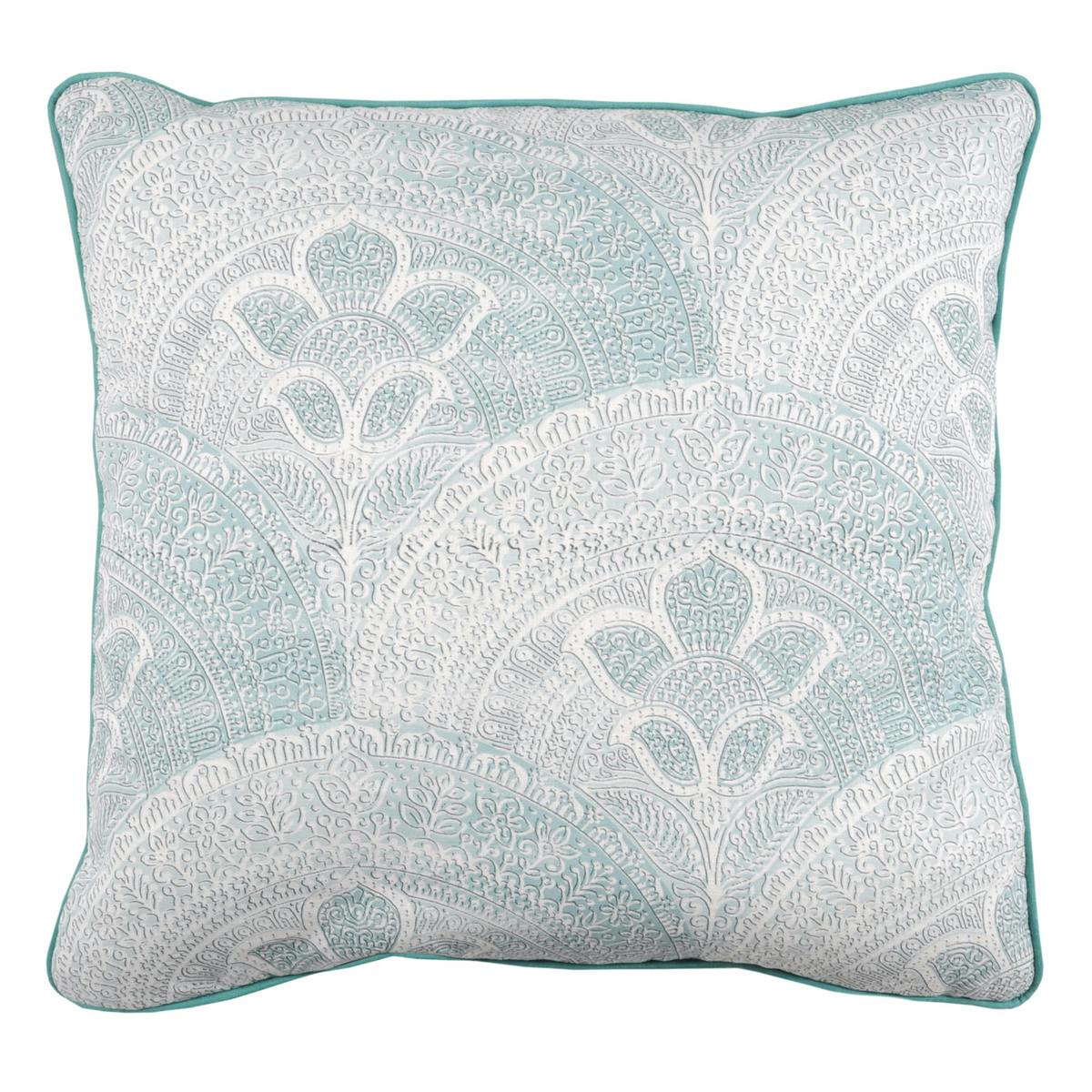 Coussin déco Eventail de Fleurs de Lys bleu, gris et blanc avec passepoil couleur bleu lagon 50x50cm SIVAS RAMIE