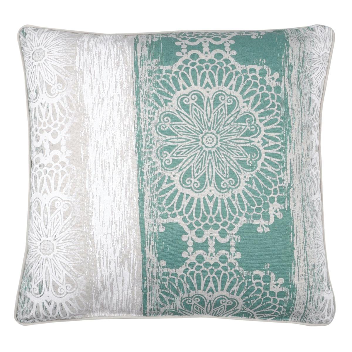 Coussin déco "Fleur de Vie" celadon, blanc et gris avec passepoil 50x50cm SAADI SAVOIE