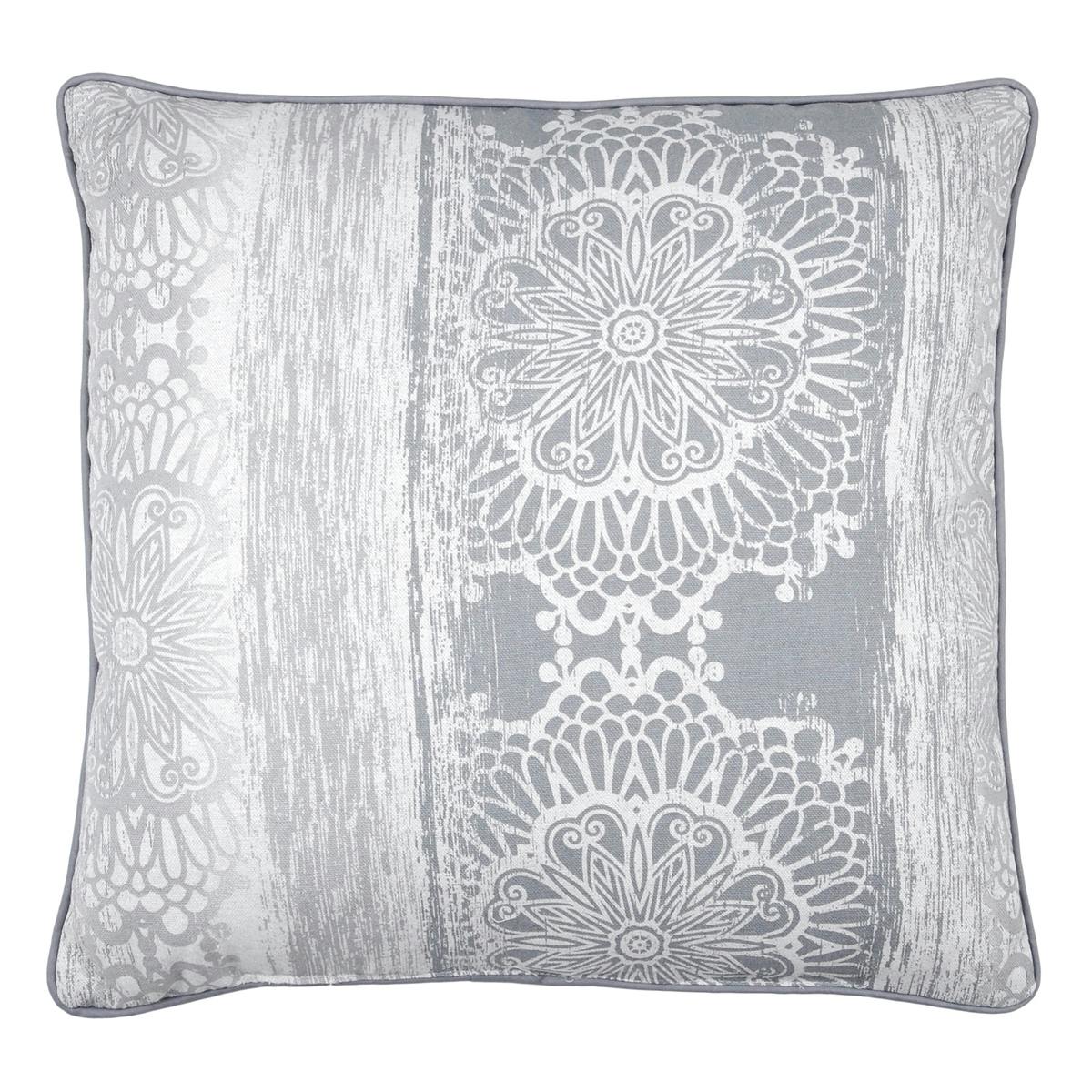 Coussin déco "Fleur de Vie" gris et blanc avec passepoil 50x50cm SAADI SAVOIE