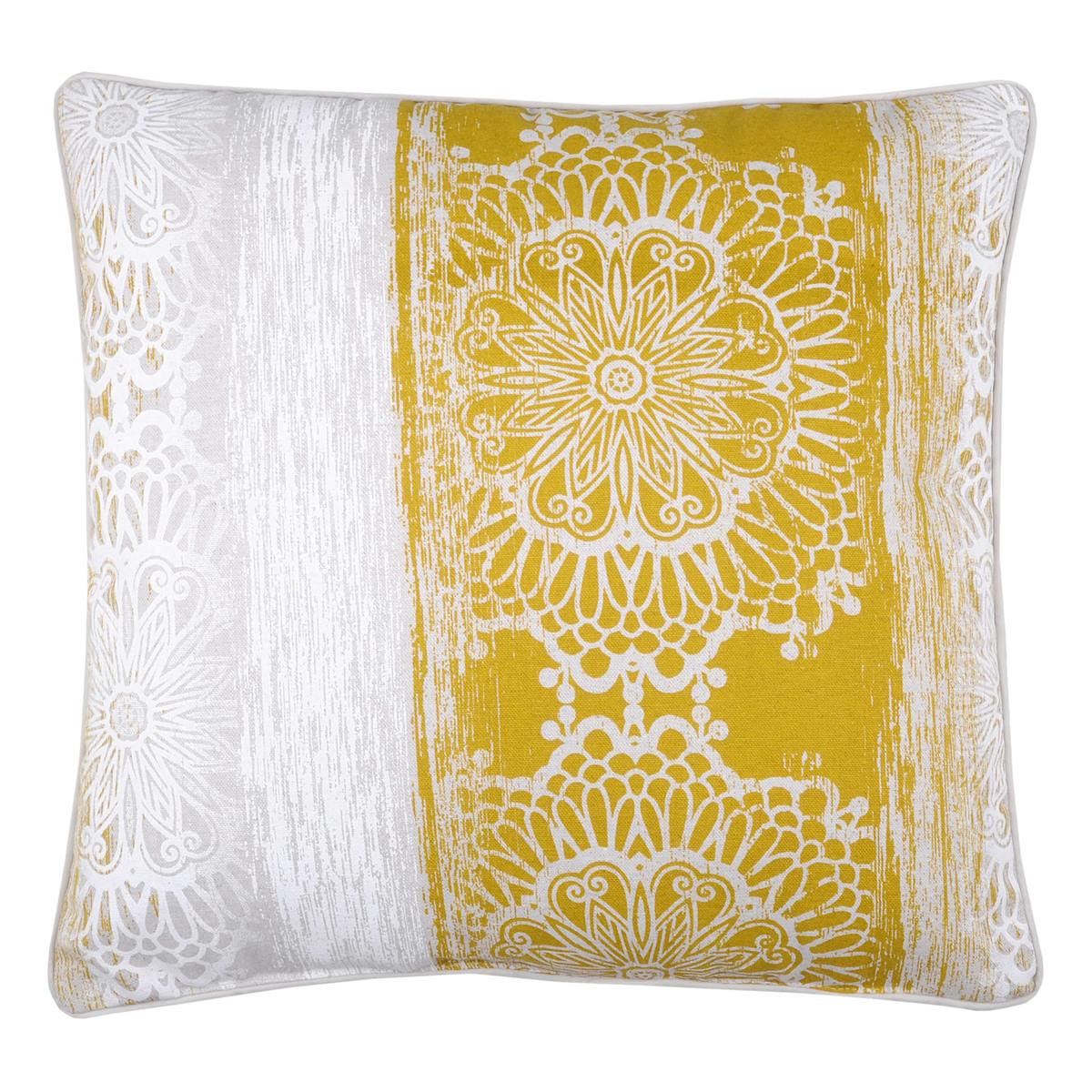 Coussin déco "Fleur de Vie" moutarde, gris et blanc avec passepoil 50x50cm SAADI SAVOIE