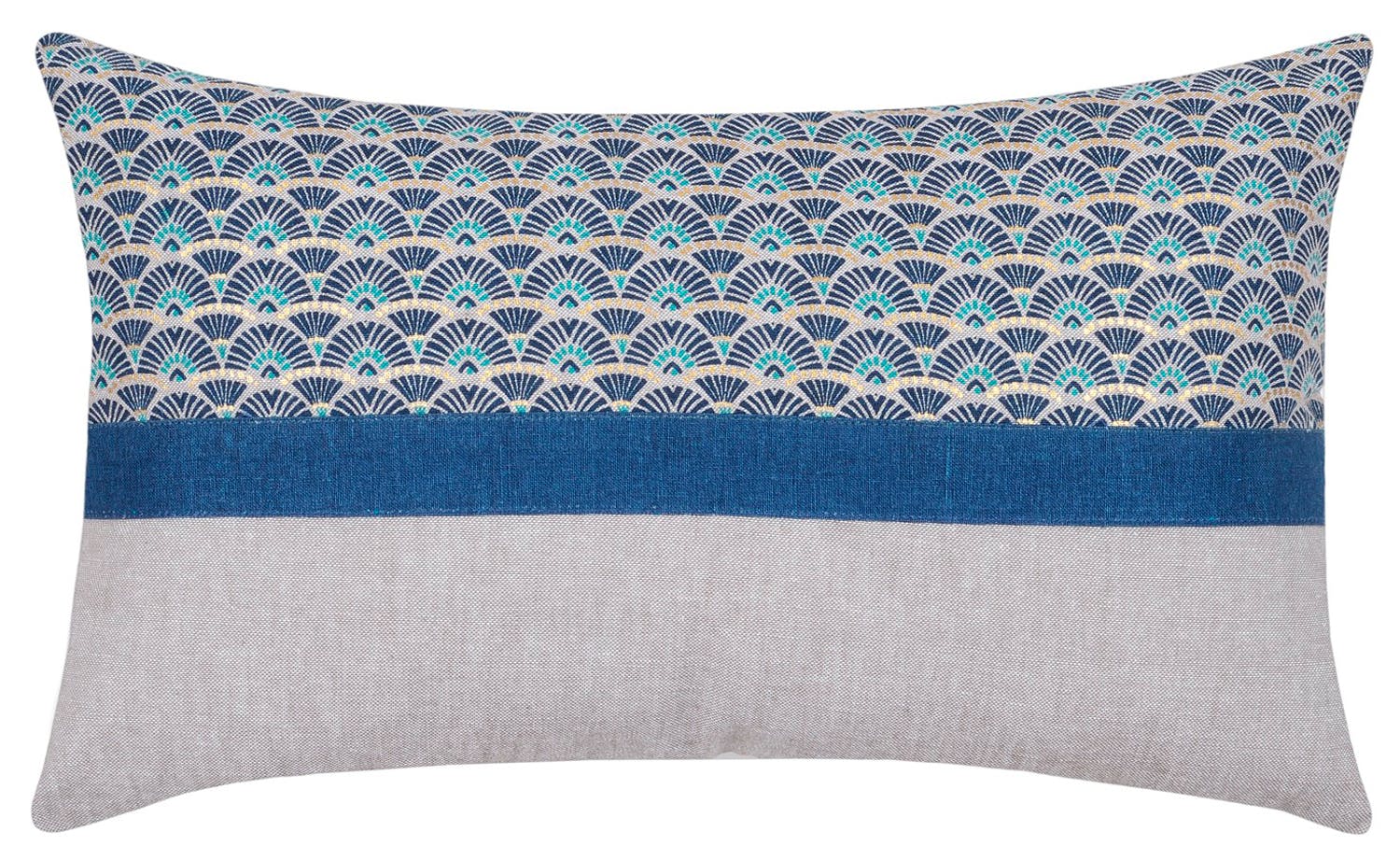 Coussin déco gris à motifs bleus 30 x 50 cm