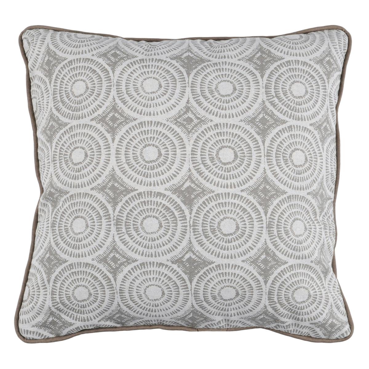 Coussin déco motif Cercles Rayés blanc, gris et couleur ficelle avec passepoil 40x40cm BOLT RAMIE