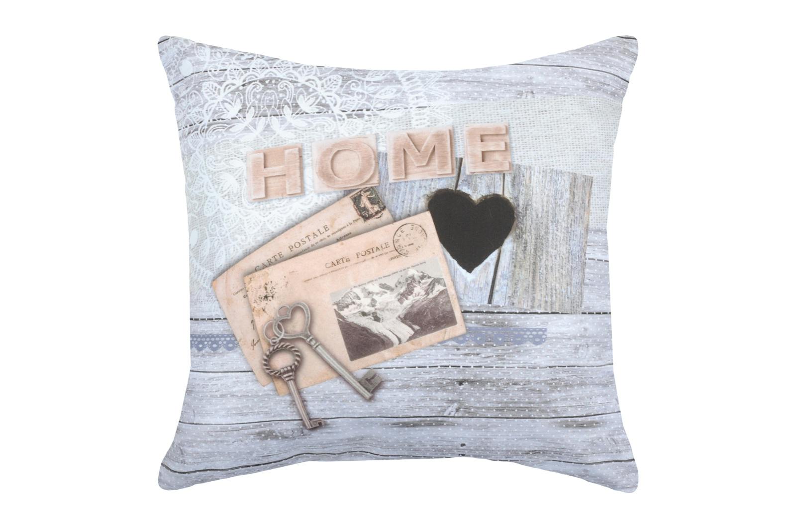 Coussin décor Chalet "Home" avec cartes postales et clés 40x40cm WHISTLER