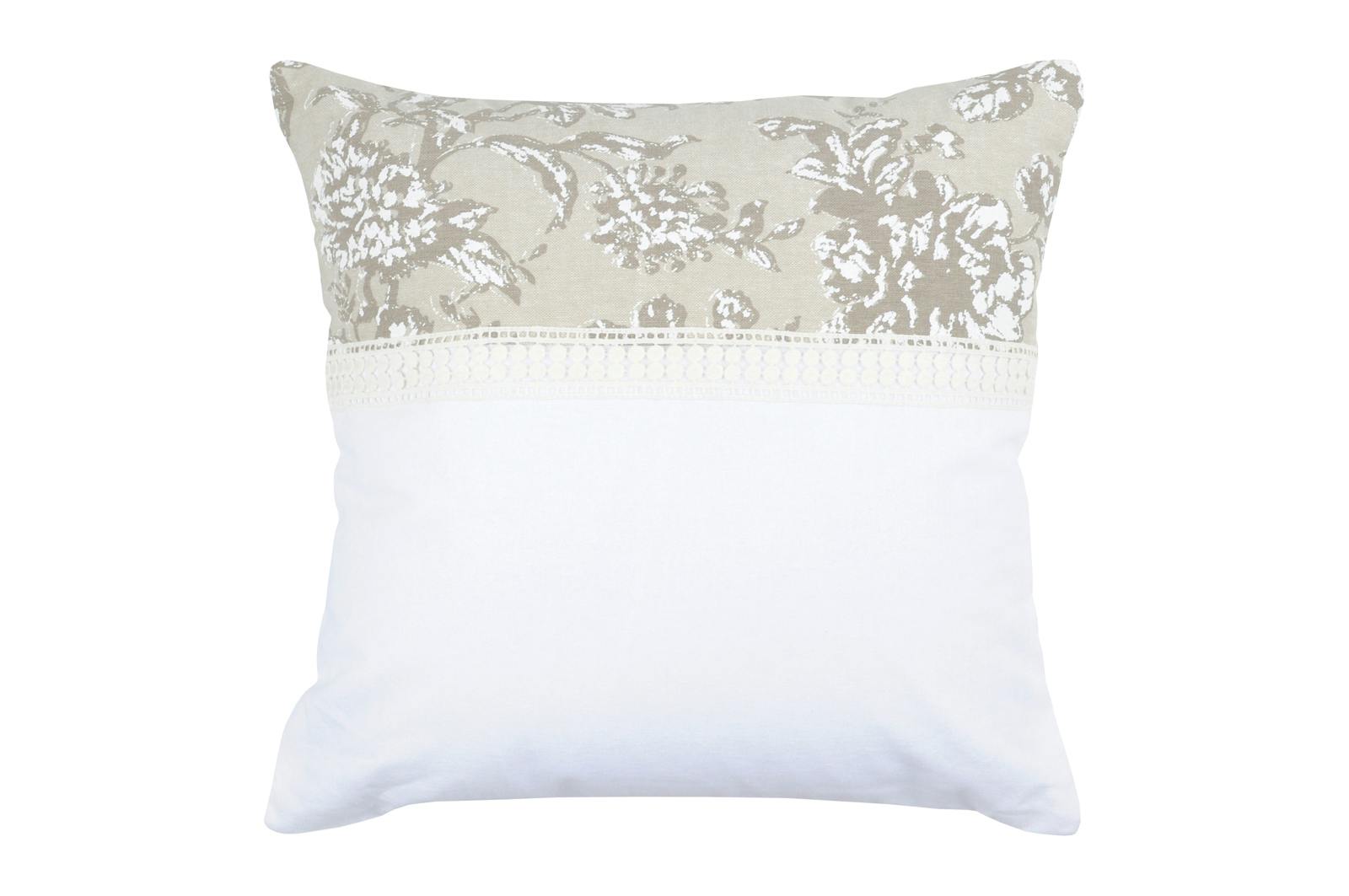 Coussin décor "Toile de Jouy" écru et blanc avec bande de dentelle 40x40cm MUMMY