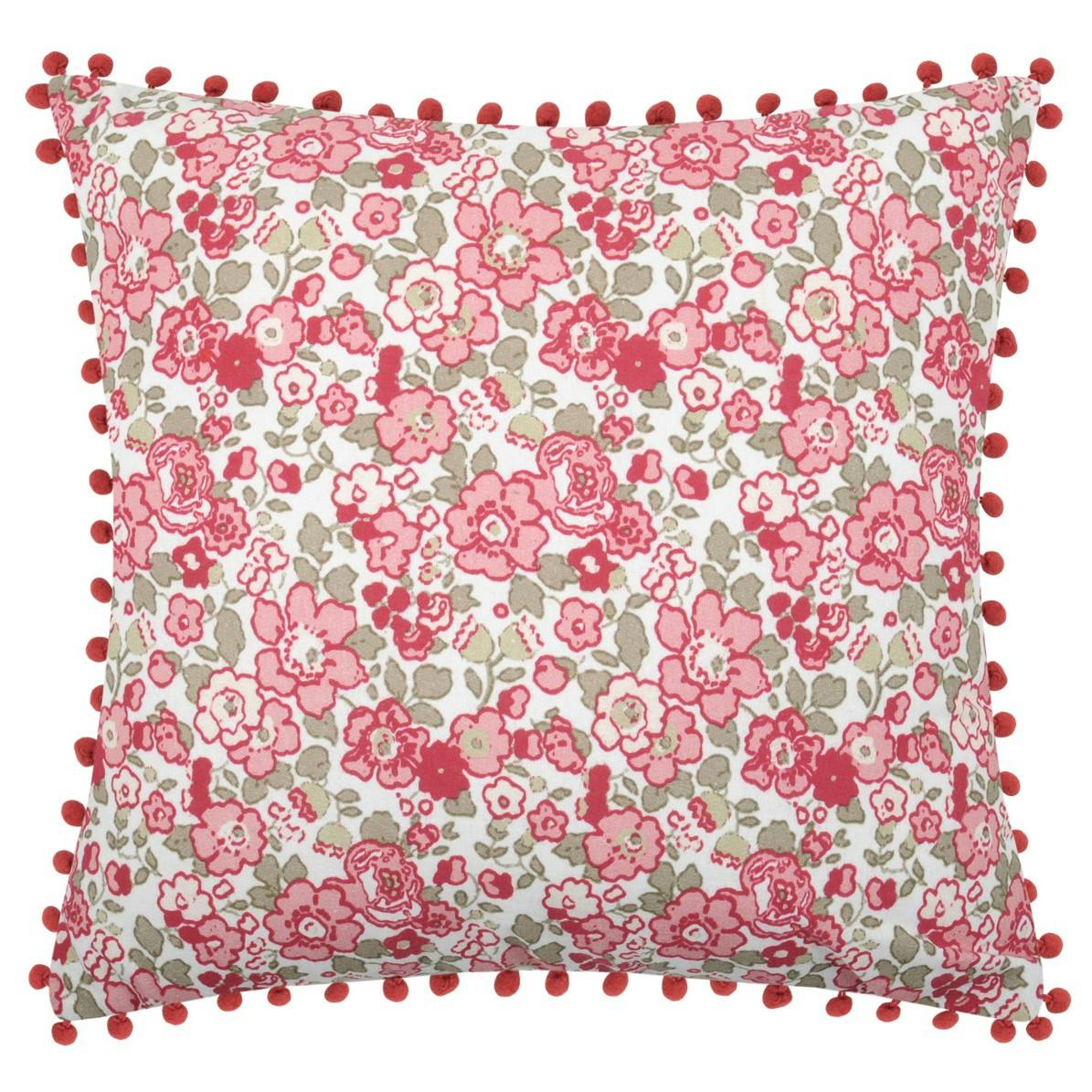 Coussin décoration florale rouge cerise à petits pompons 40x40