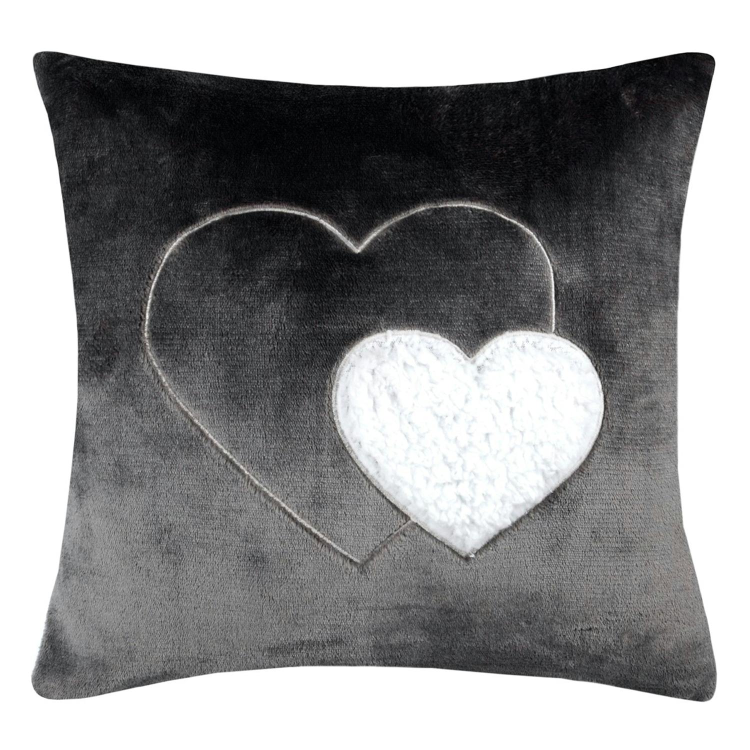 Coussin douceur gris foncé cœurs blancs 40 x 40 cm
