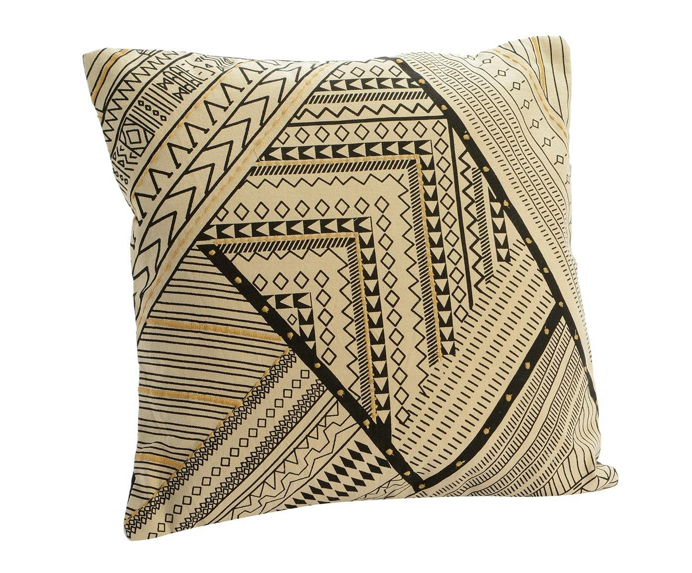 Coussin en coton écru motifs ethniques noirs 40x40cm