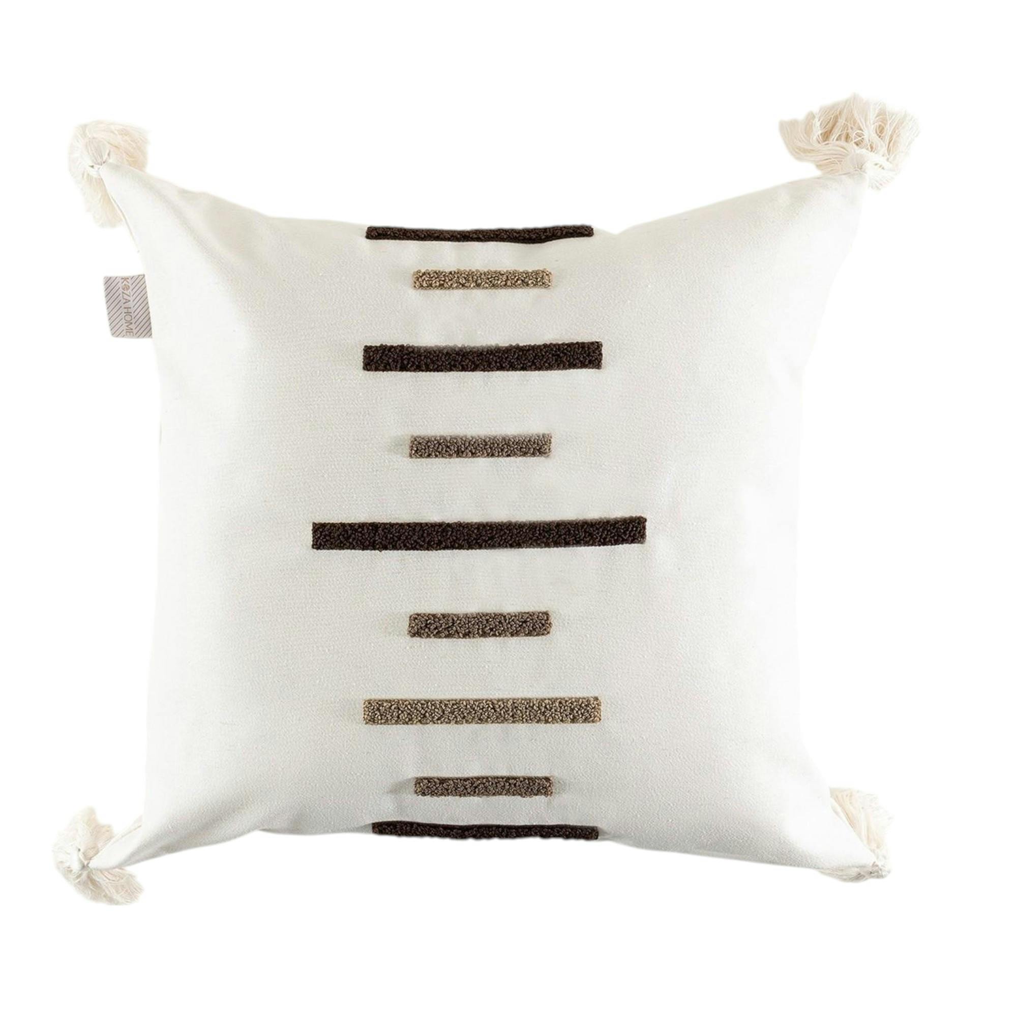 Coussin en lin à pompons – rayures en bouclette marron IZMIR