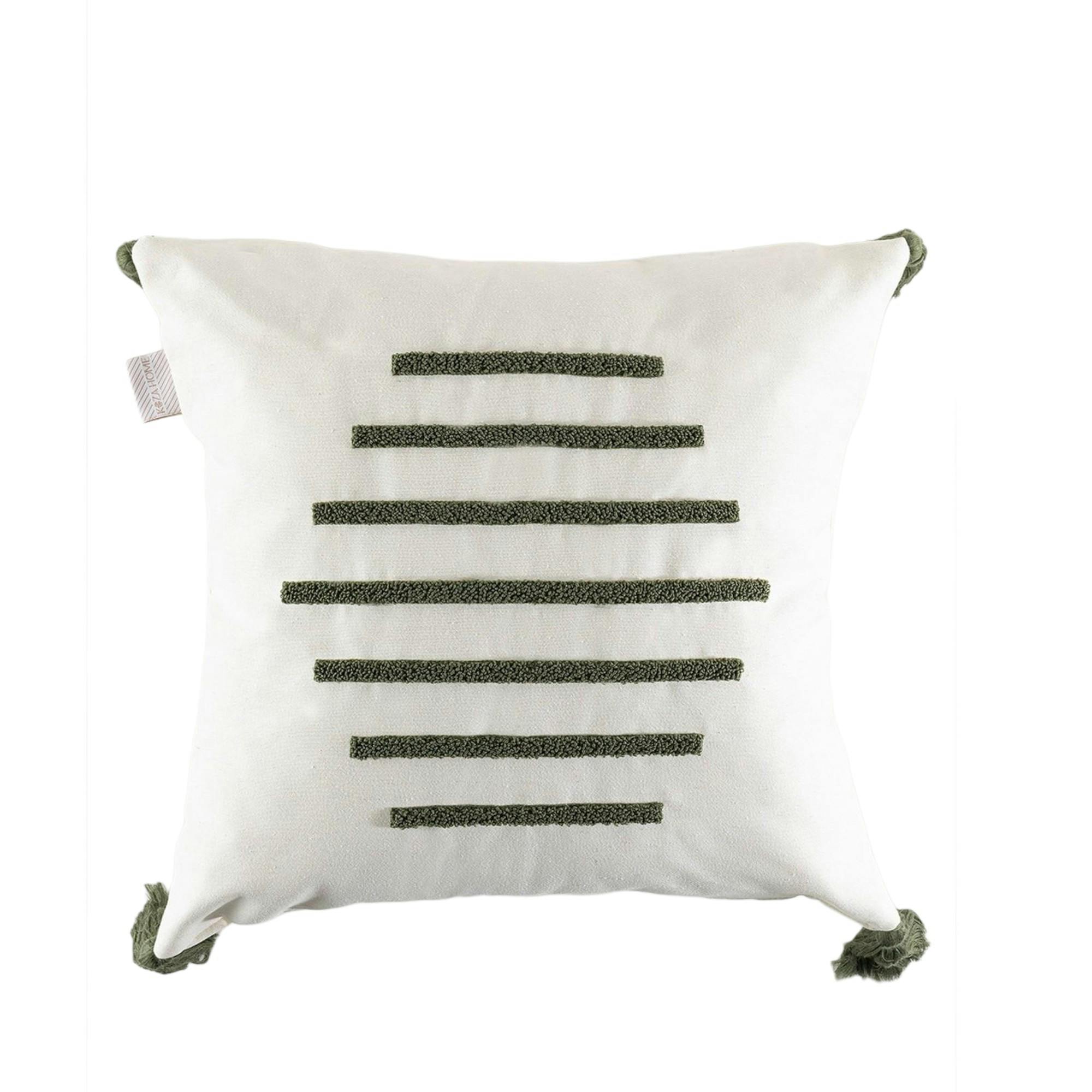 Coussin en lin à pompons – rayures en bouclette verte IZMIR