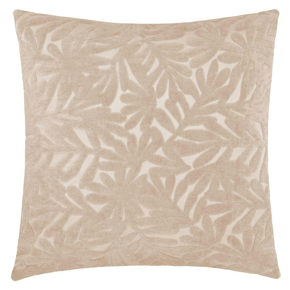 Coussin en velours beige motif feuillage