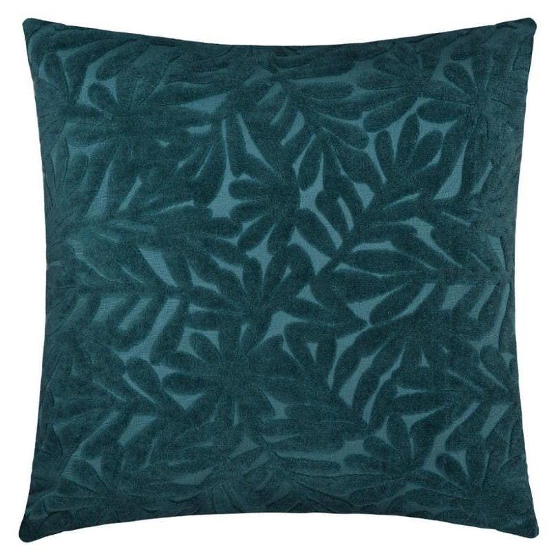Coussin en velours bleu canard motif feuillage
