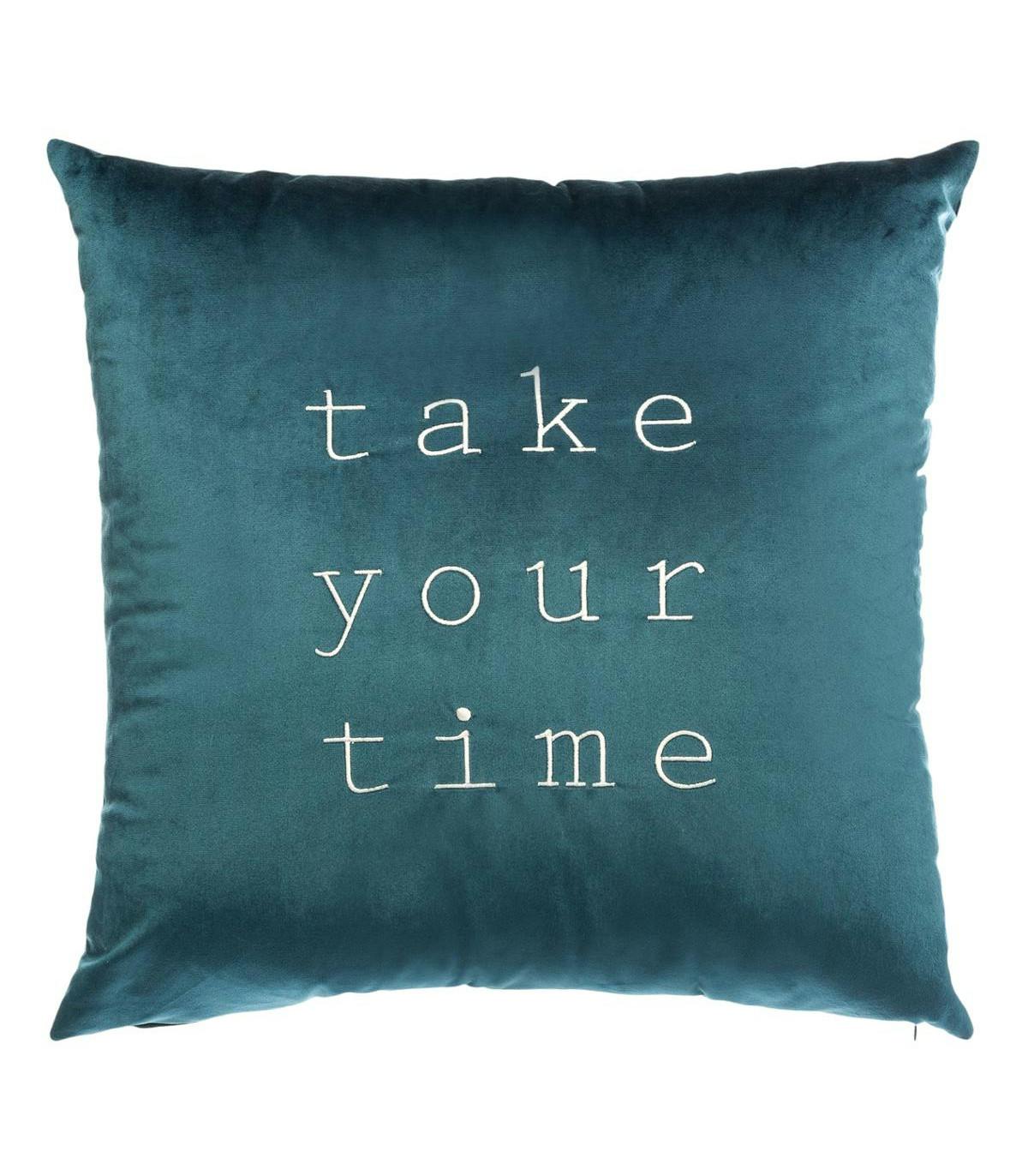 Coussin en velours bleu "take your time"