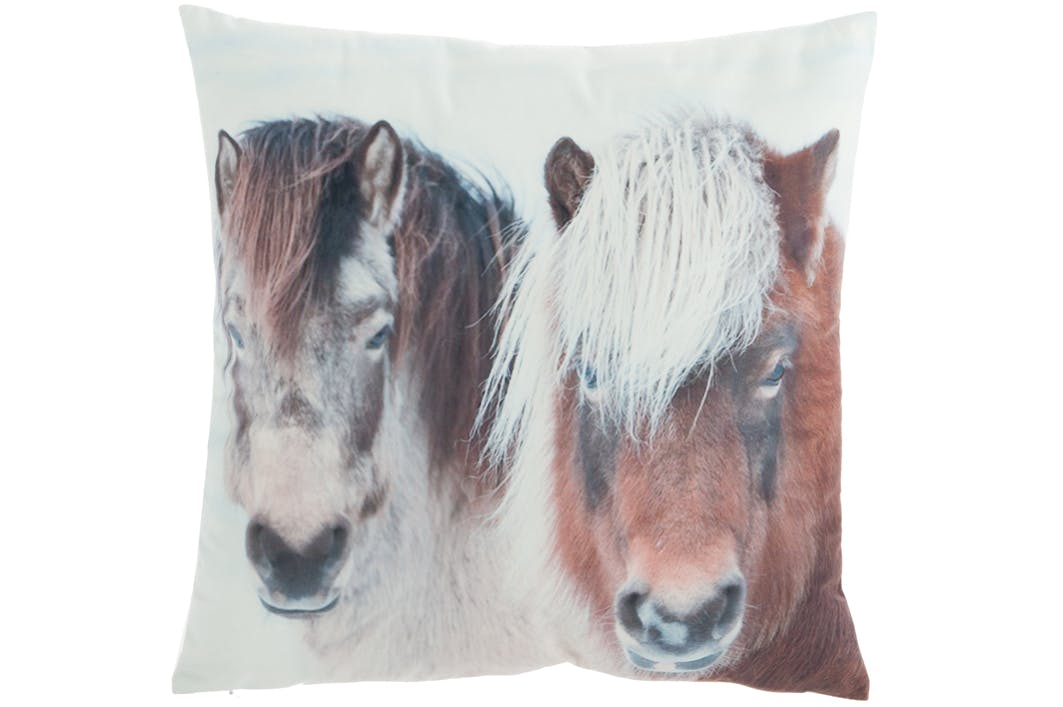 Coussin cheval tons blancs et bruns 45x45cm