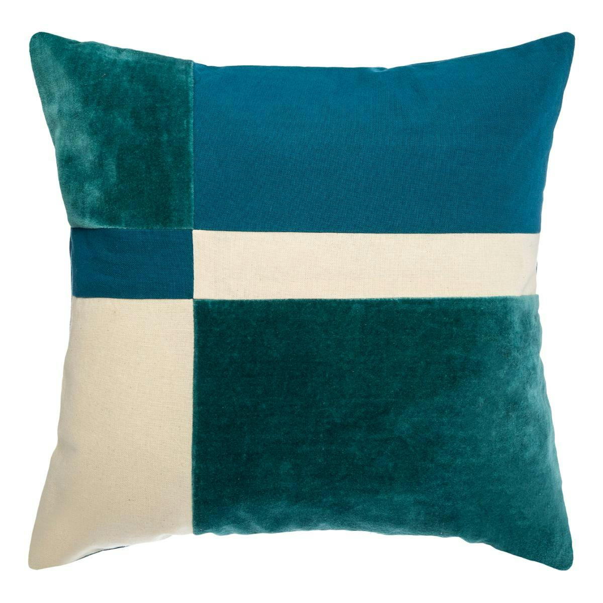 Coussin en velours et lin bleu patchwork 40x40