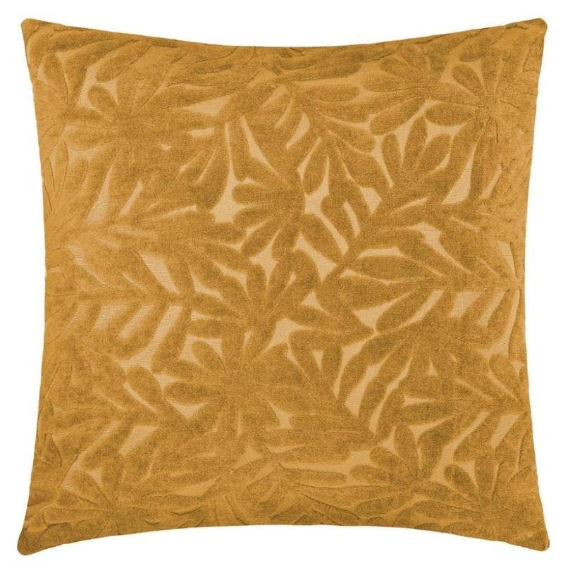 Coussin en velours ocre motif feuillage