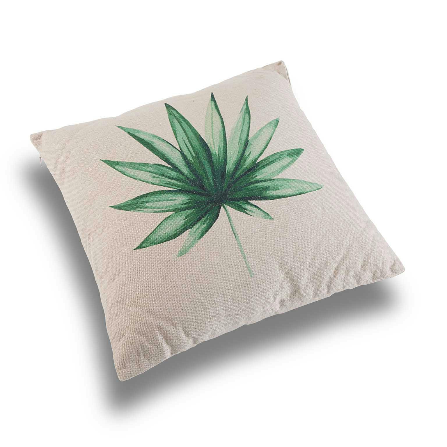 Coussin épais "Feuille tropicale" écru feuille de palmier en couronne 45x45cm