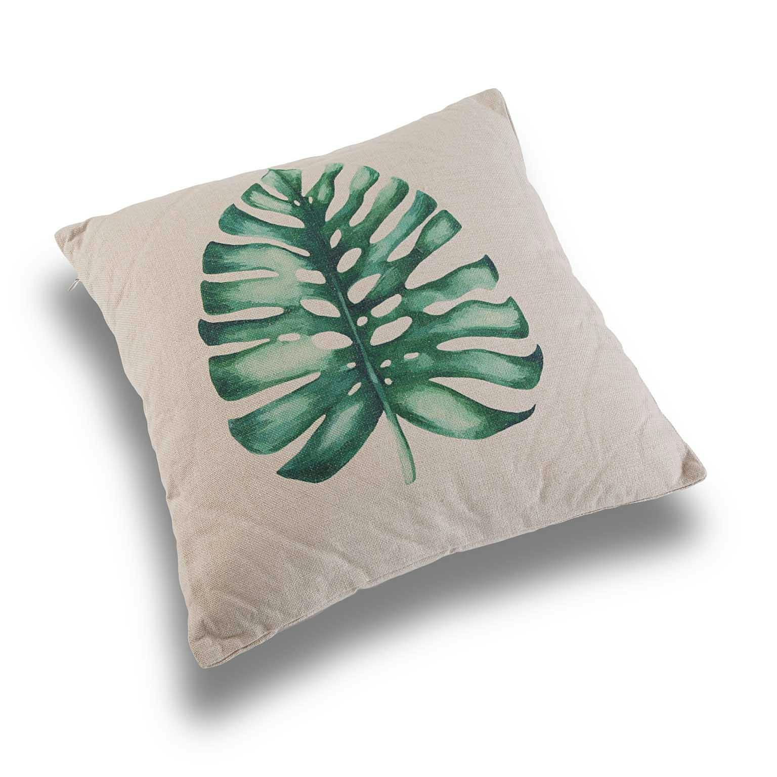 Coussin épais "Feuille tropicale" écru motif feuille de philodendron 45x45cm