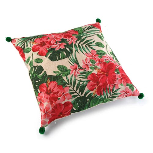 Coussin épais tropical motif feuilles et fleurs roses, pompons verts aux coins 45x45cm