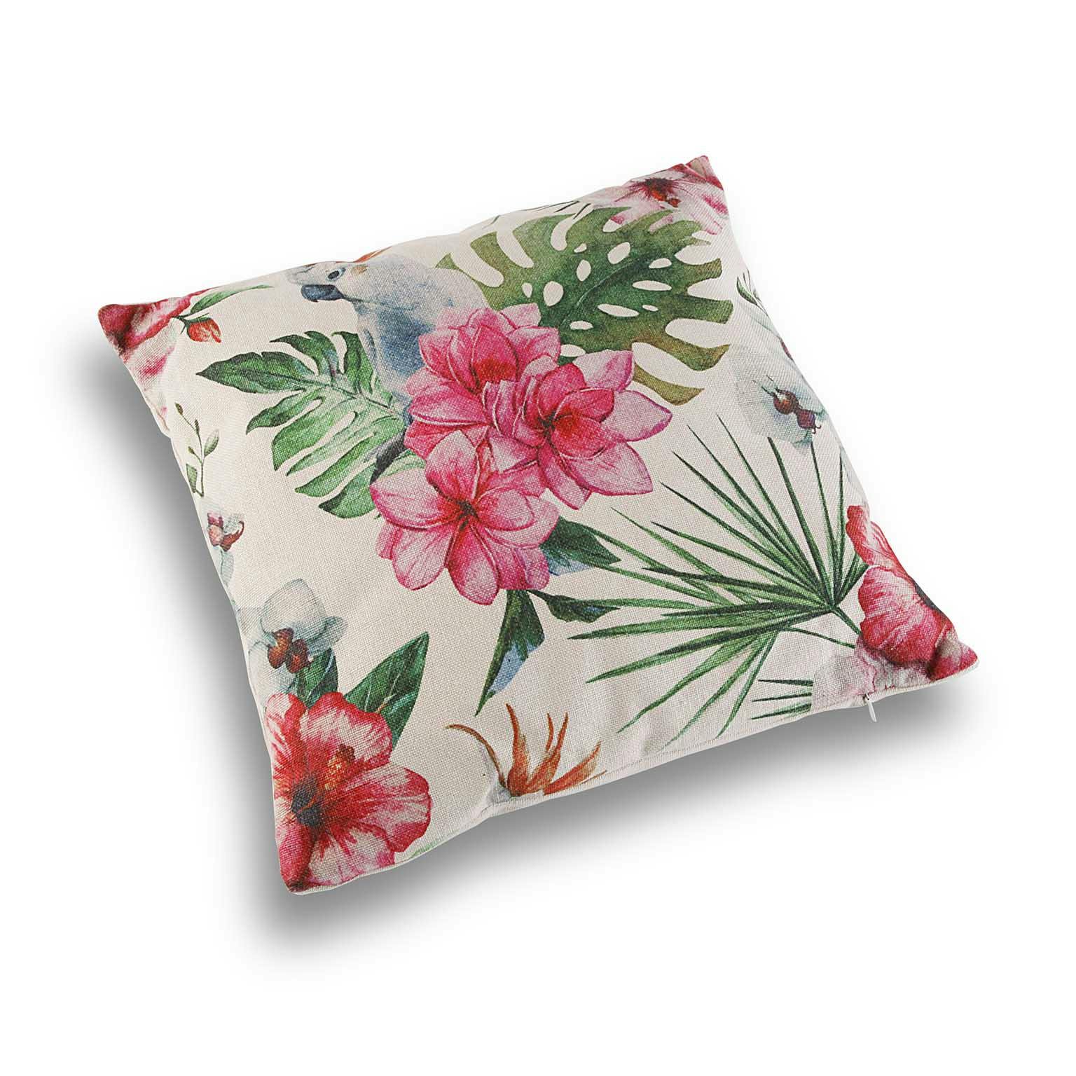 Coussin épais tropical perroquets, feuilles et fleurs roses 45x45cm BORNEO