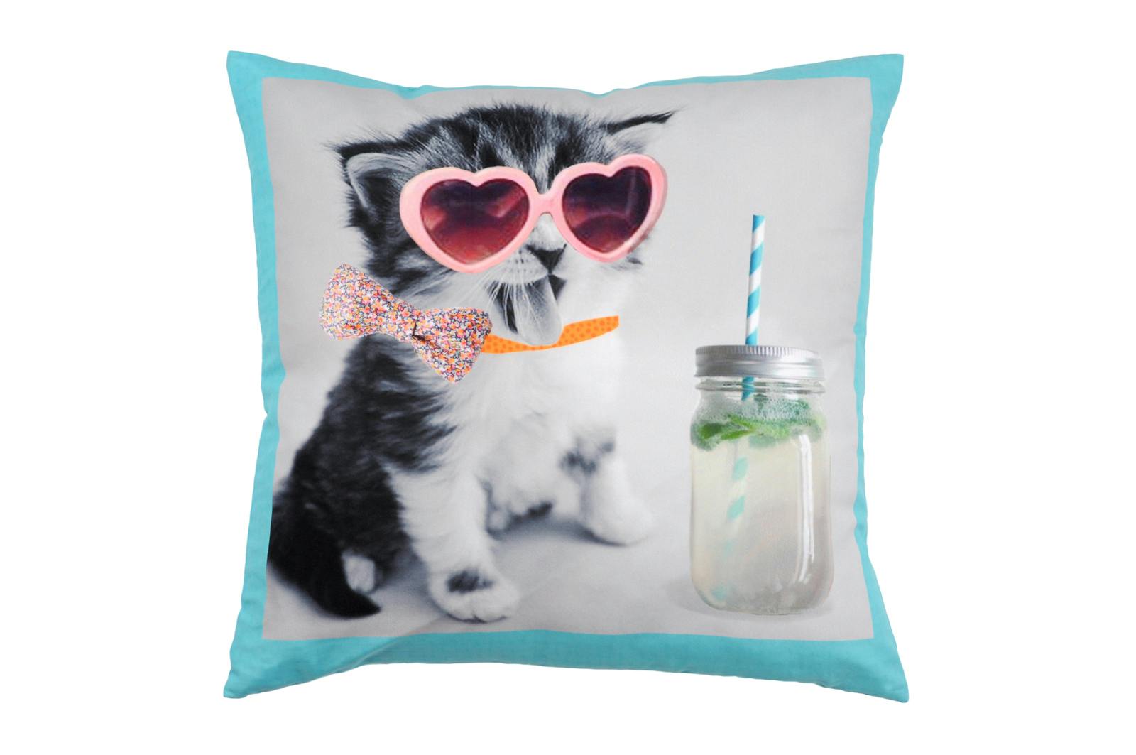 Coussin Fashion décor Chat à lunettes et sa limonade 40x40cm POLAROID