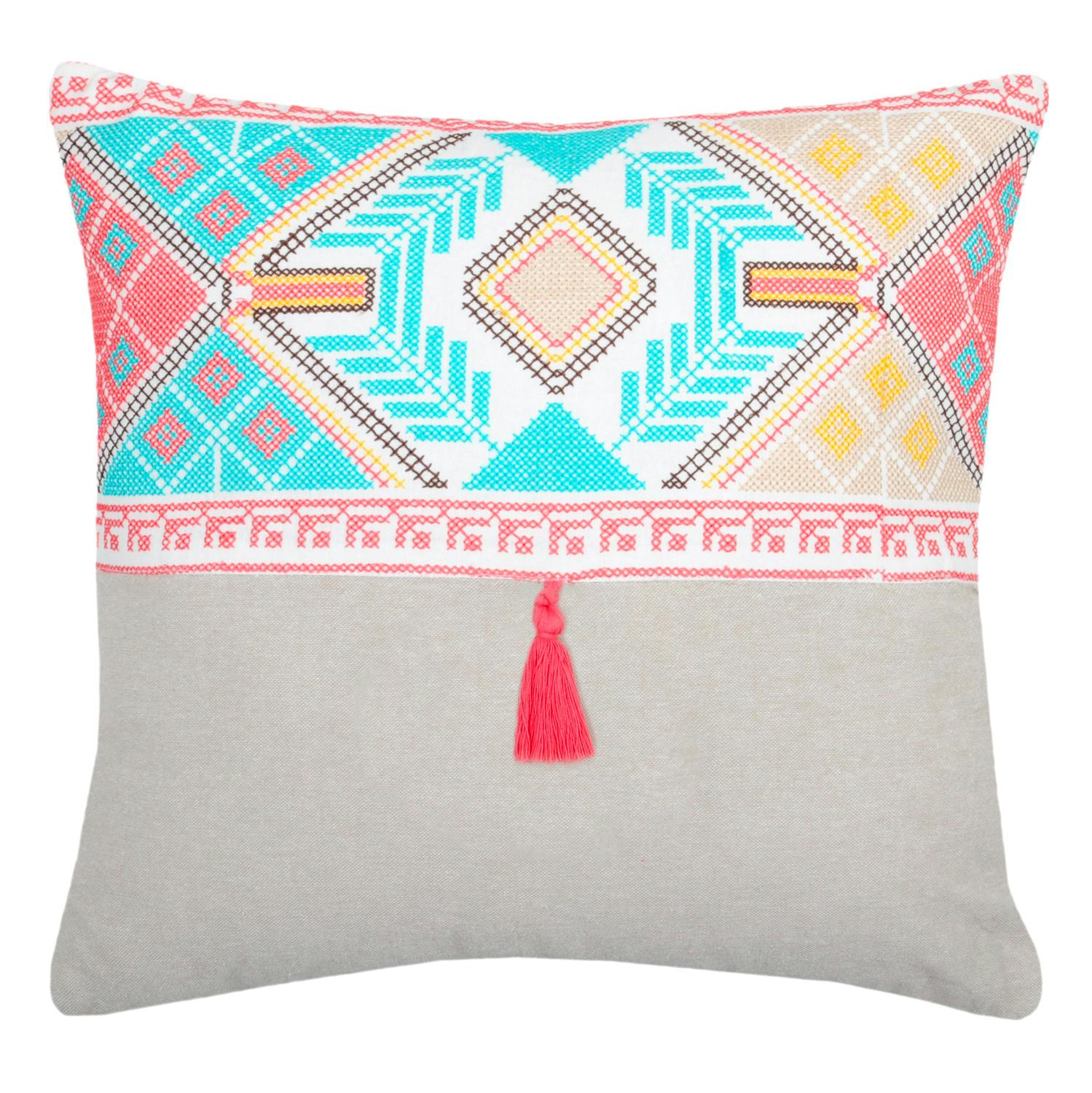 Coussin graphique à pompon rose 40 x 40 cm