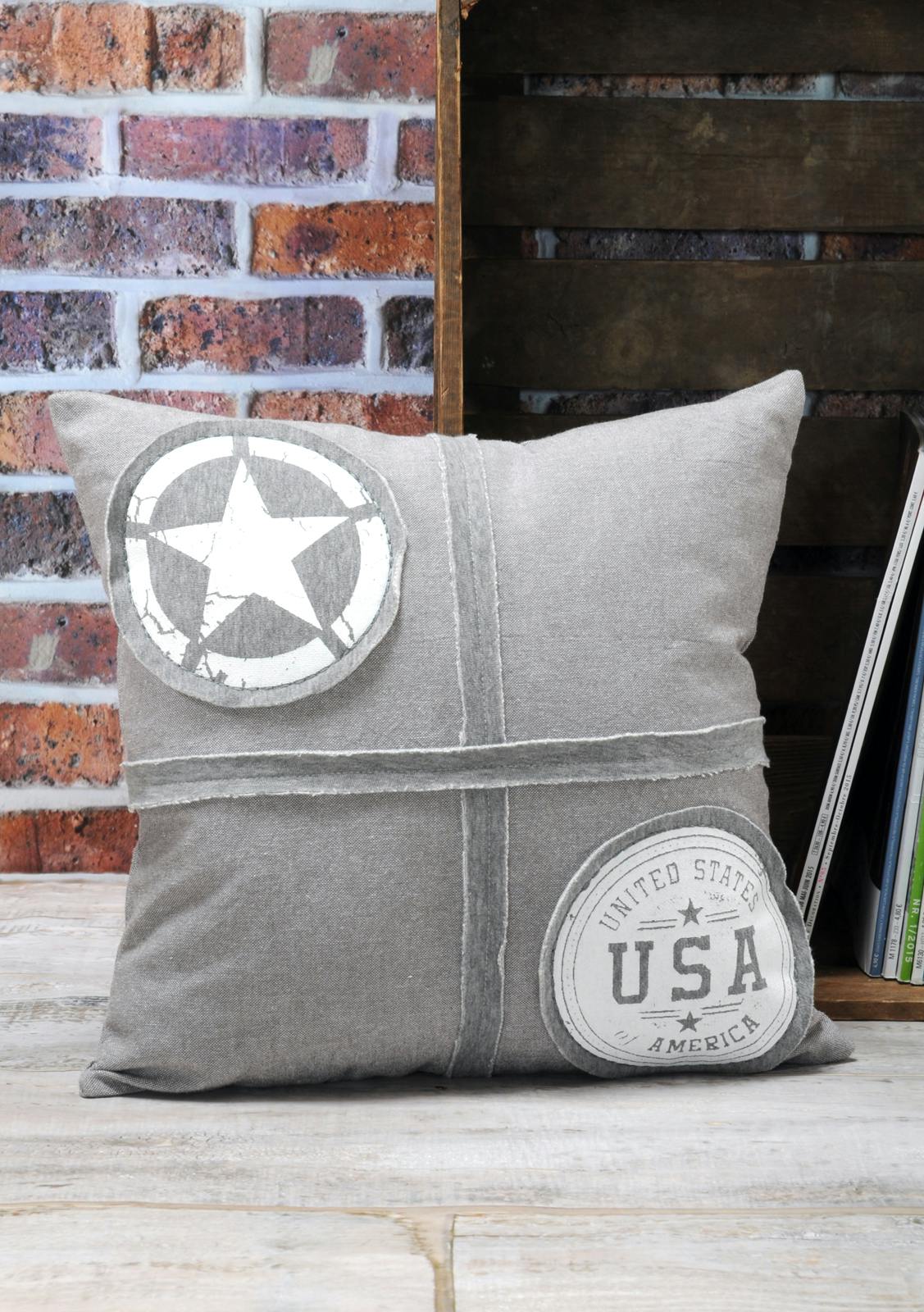 Coussin gris décor USA 40x40cm 100% coton PORTLAND