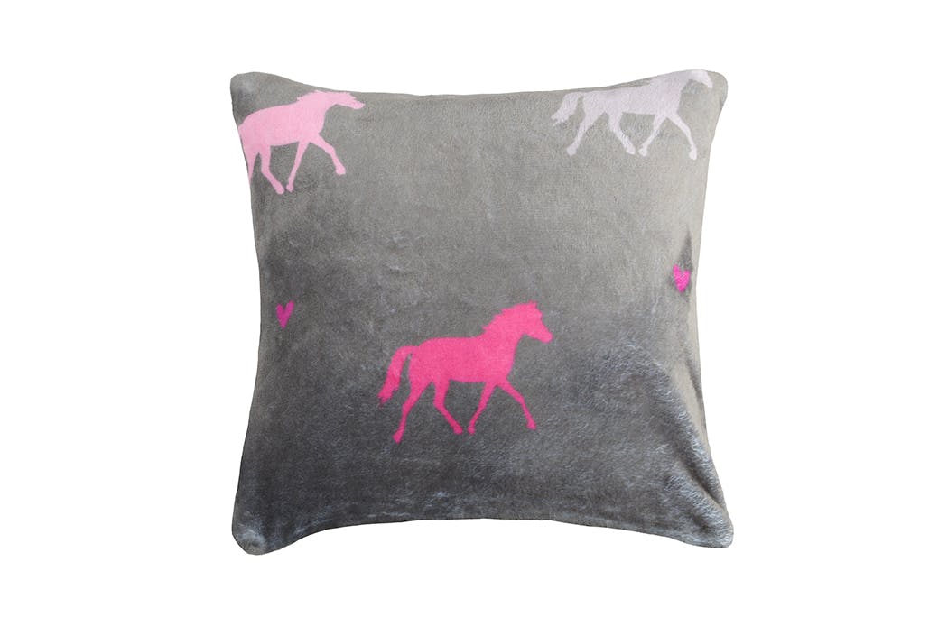 Coussin gris touché doux décor chevaux roses et coeurs 30x30cm ETALON