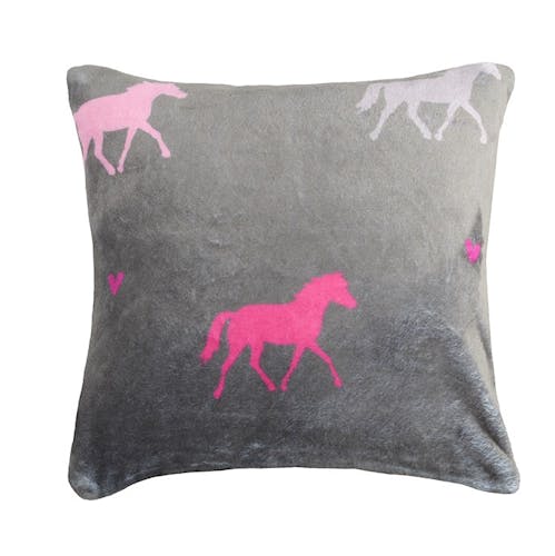 Coussin gris touché doux décor chevaux roses et coeurs 30x30cm ETALON