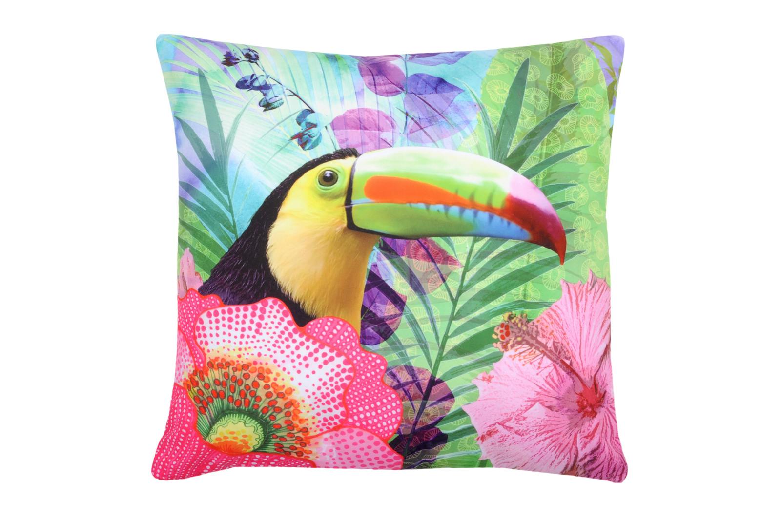 Coussin imprimé toucan tons verts et fleurs roses 40x40cm CYNARA