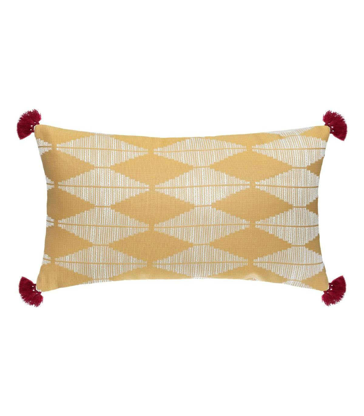 Coussin jacquard ocre à pompons