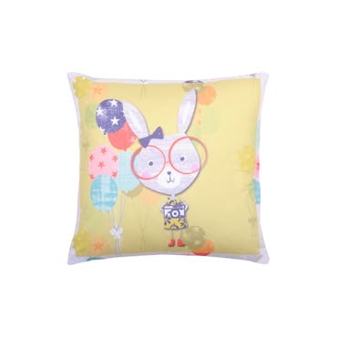Coussin jaune lapin lunettes et ballons 40x40cm LUCE