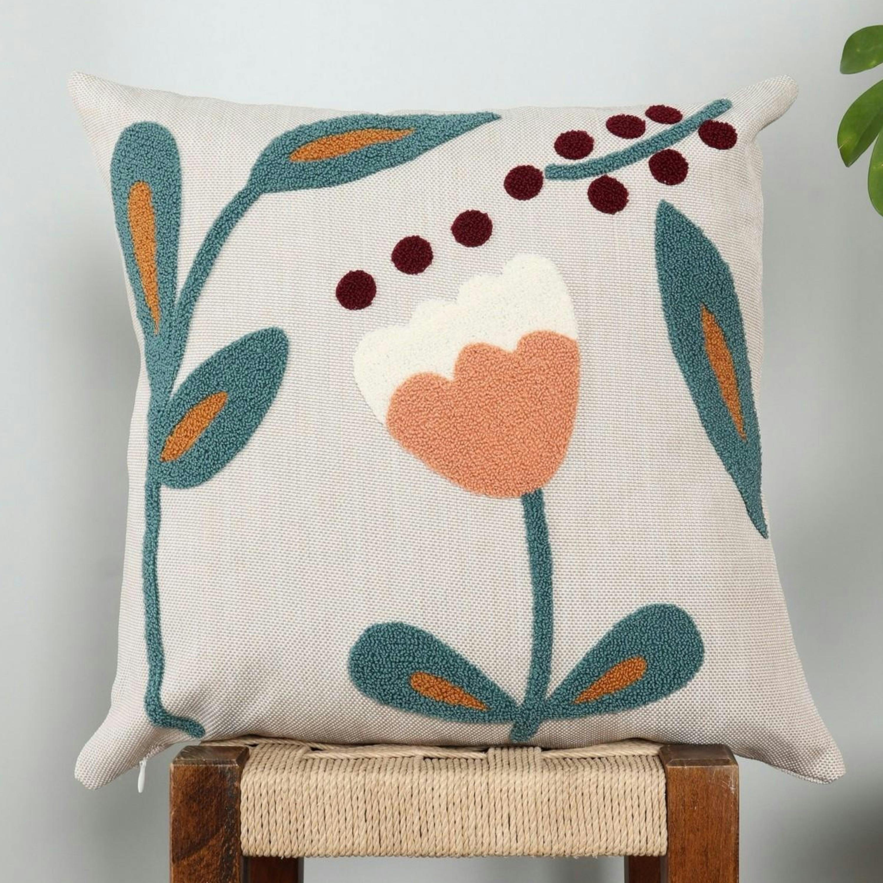 Coussin lin écru – motif floral bouclette bleu canard IZMIR