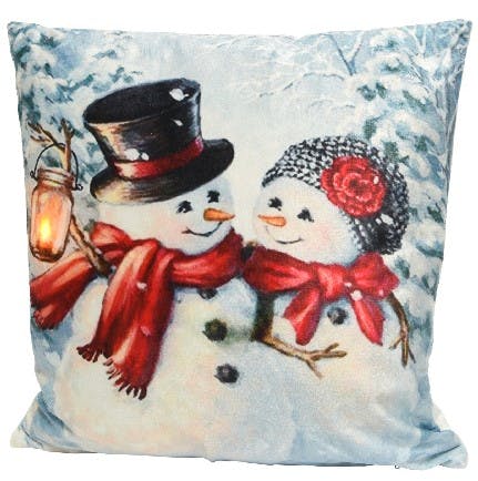 Coussin lumineux couple bonhommes de neige à LED
