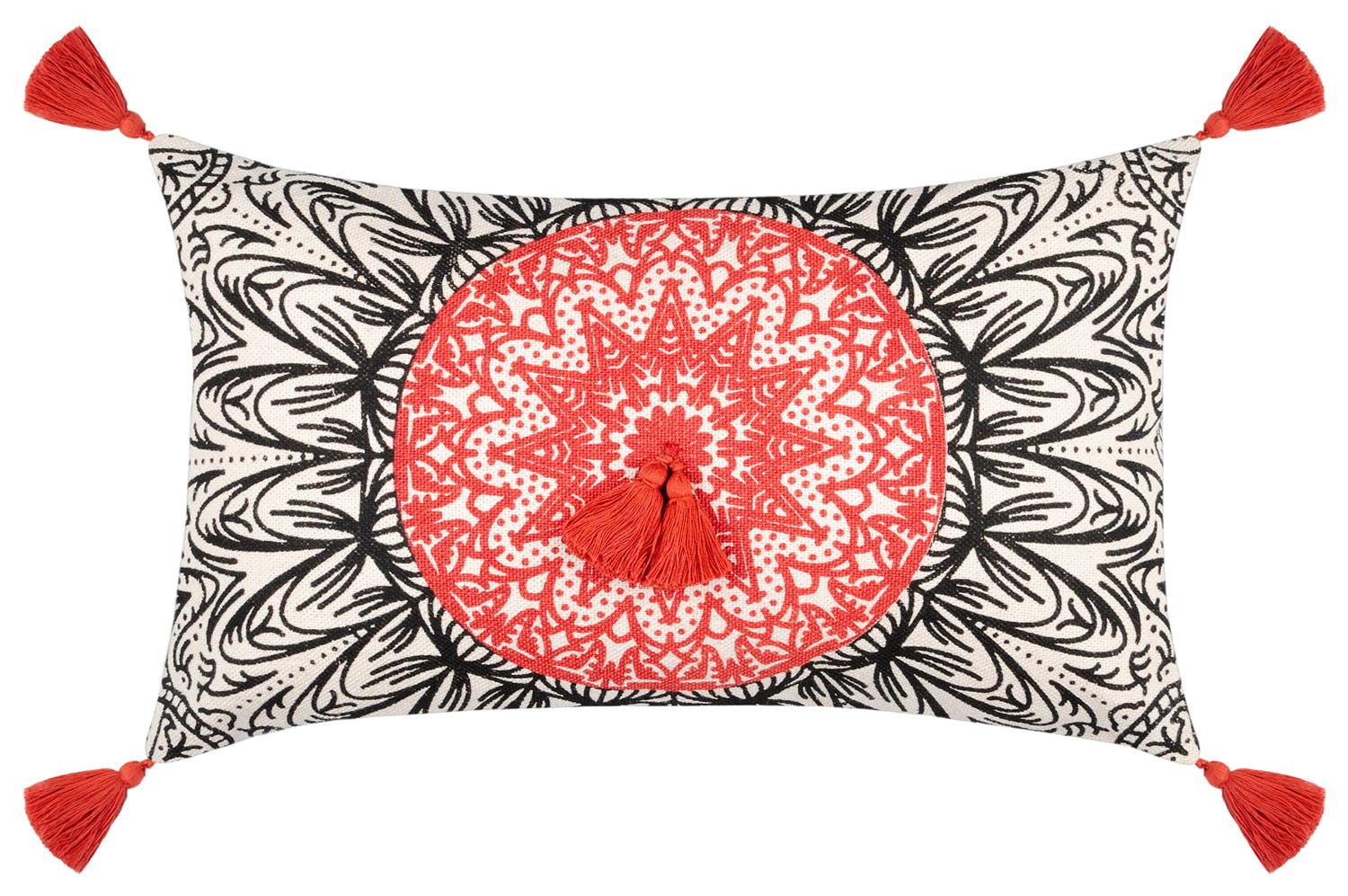 Coussin motifs ethniques terracotta à pompons 30 x 50 cm