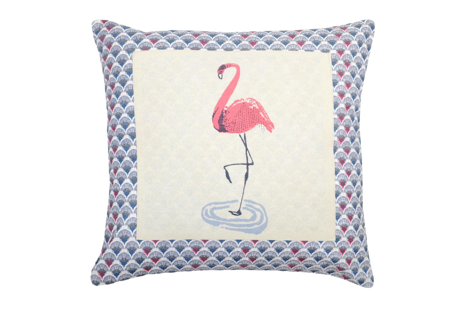 Coussin motifs éventail bleu gris rouge et imprimé Flamand Rose 40x40cm en coton RISEN