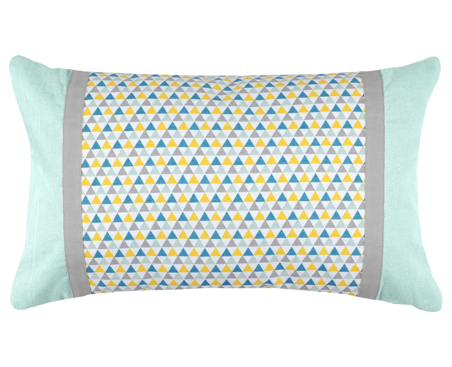 Coussin motifs géométriques bleu jaune gris et bandes extérieures grises et celadon 30x50cm 100% coton ISOCELE CELADON