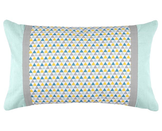 Coussin motifs géométriques bleu jaune gris et bandes extérieures grises et celadon 30x50cm 100% coton ISOCELE CELADON