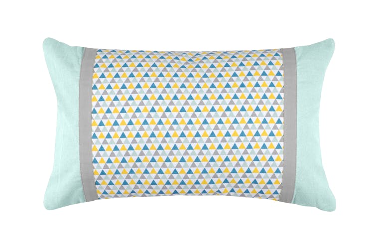 Coussin motifs géométriques bleu jaune gris et bandes extérieures grises et celadon 30x50cm 100% coton ISOCELE CELADON
