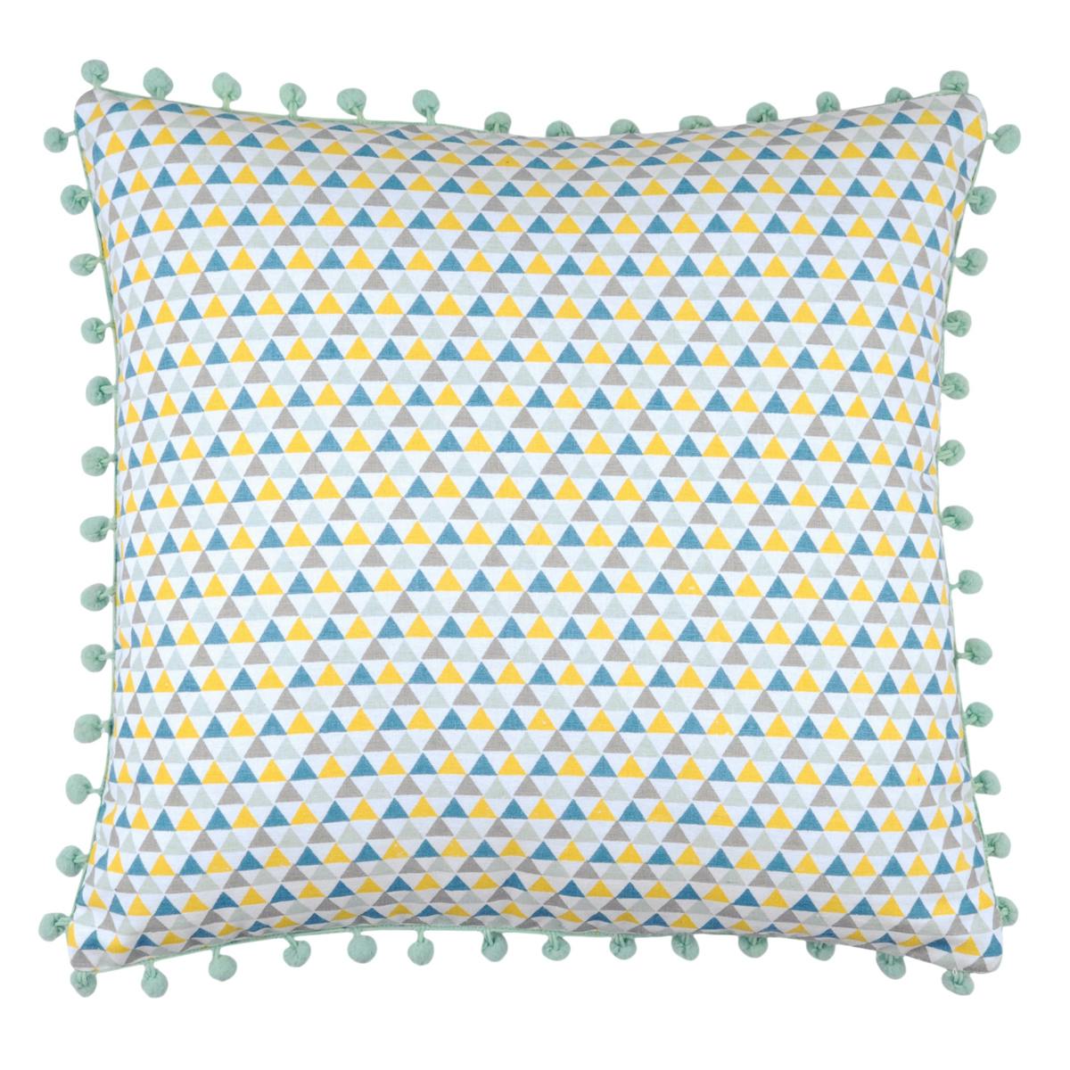 Coussin motifs géométriques bleu jaune gris et petits pompons 40x40cm 100% coton ISOCELE CELADON
