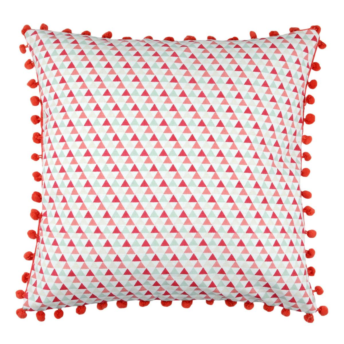 Coussin motifs géométriques bleu rouge corail et petits pompons 40x40cm 100% coton ISOCELE ROUGE