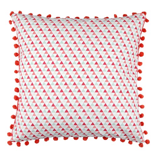 Coussin motifs géométriques bleu rouge corail et petits pompons 40x40cm 100% coton ISOCELE ROUGE