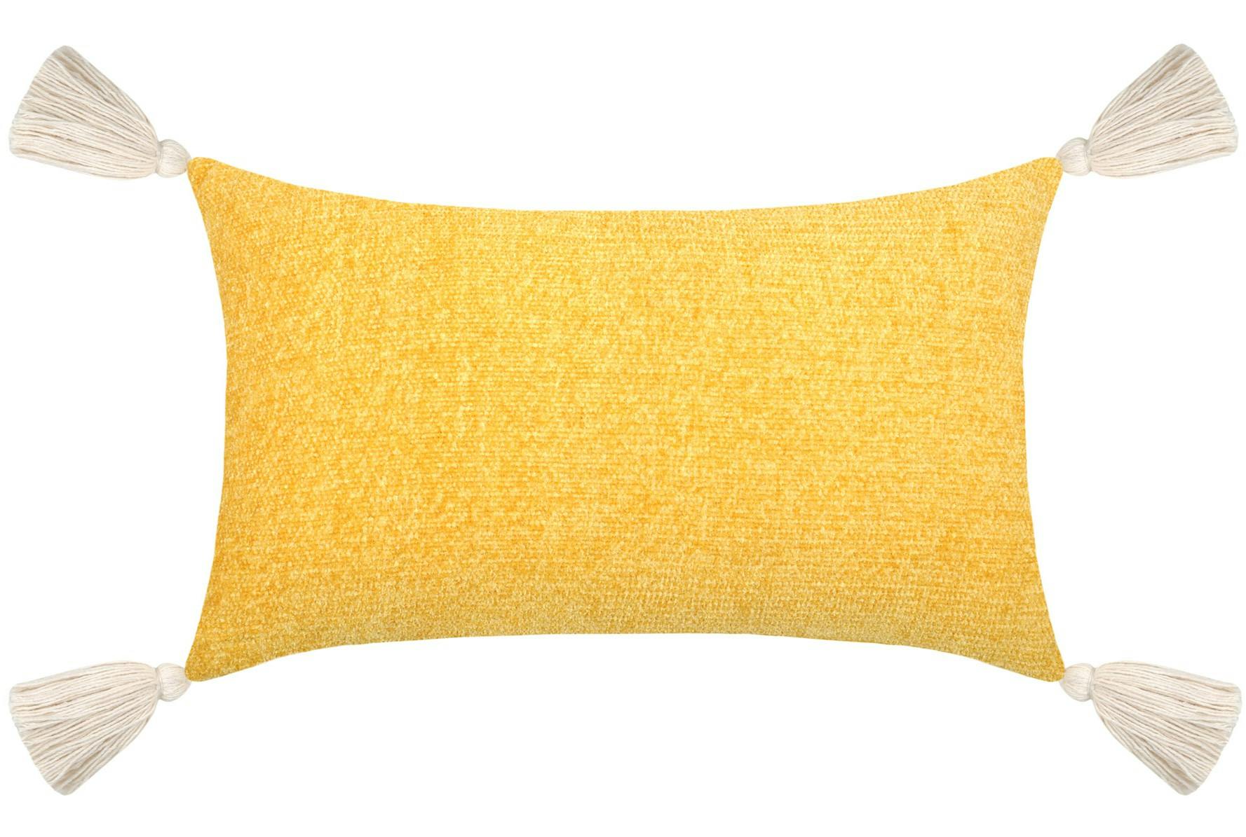 Coussin moutarde à gros pompons 30x50