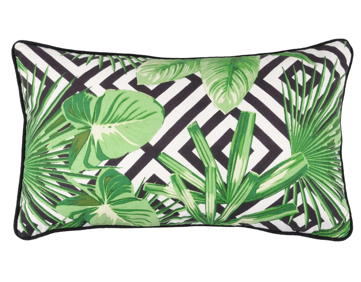 Coussin noir et blanc décor feuillage vert 30x50cm ZAPOTEC